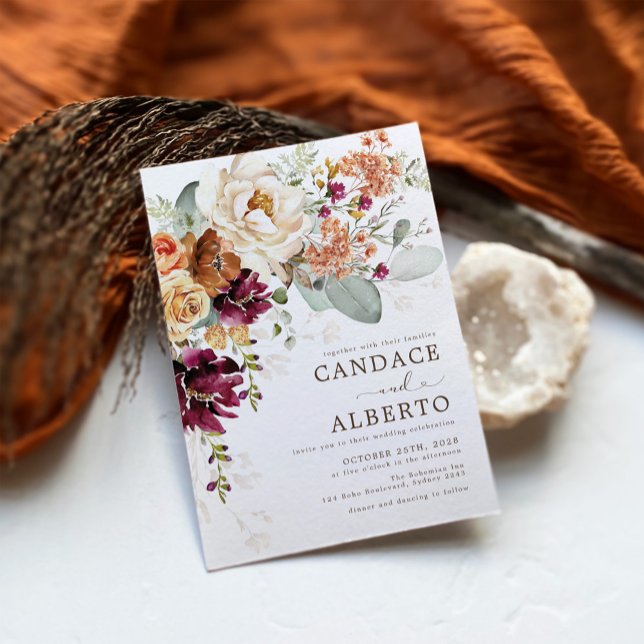 Rustic Maroon Rust Orange Botanical Floral Wedding Invitation (Creator Uploaded)