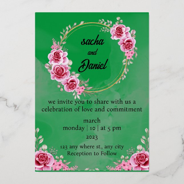 Rustic Maroon Winter Wedding Floral Foil Invitatio (Front)