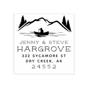 Rustic Married Couple Mountain Canoe Address Rubber Stamp