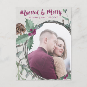 Rustic Married & Merry Calligraphy Holiday Photo