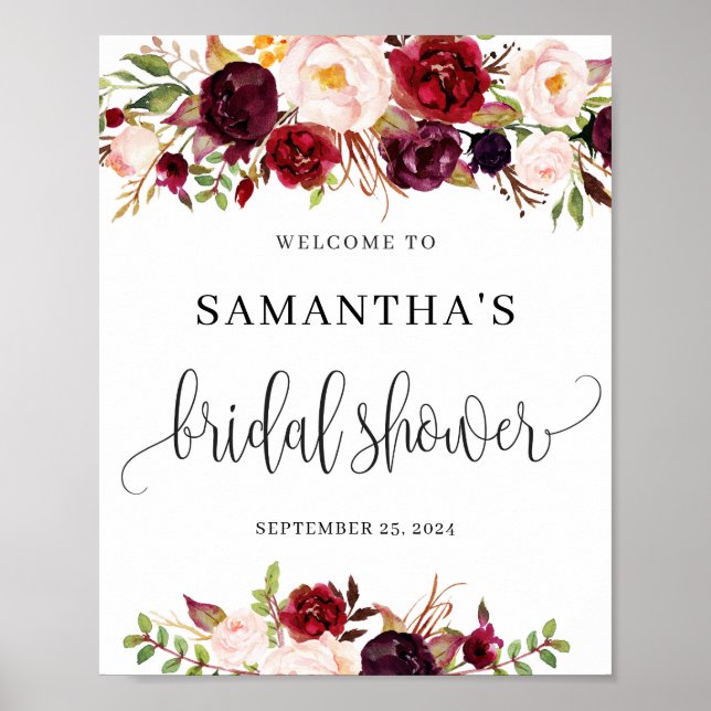 Rustic marsala blush pink floral welcome sign (Front)