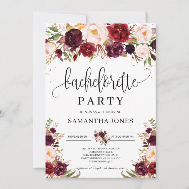 Rustic marsala burgundy floral gold bachelorette invitation (Front)