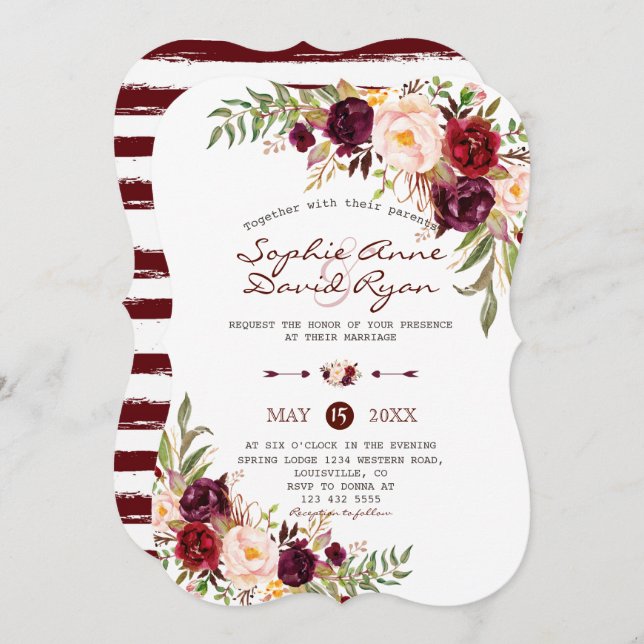 Rustic Marsala Floral Burgundy Stripes Wedding Invitation (Front/Back)