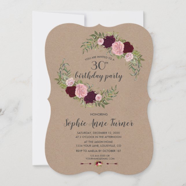 Rustic Marsala Floral Craft Paper Birthday Party Invitation (Front)