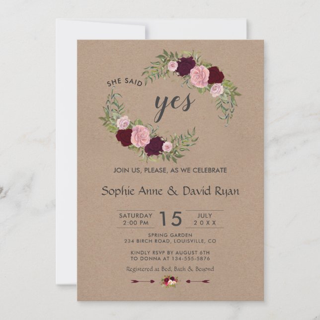 Rustic Marsala Floral Craft Paper Engagement Party Invitation (Front)