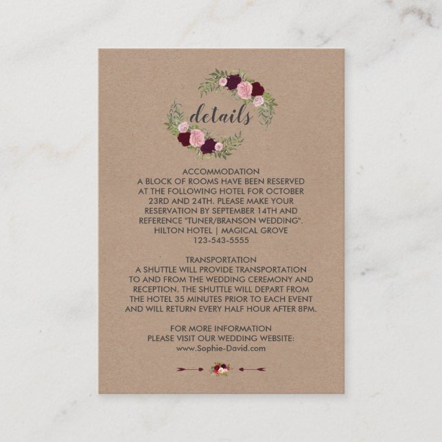Rustic Marsala Floral Craft Paper Wedding Details Enclosure Card (Front)