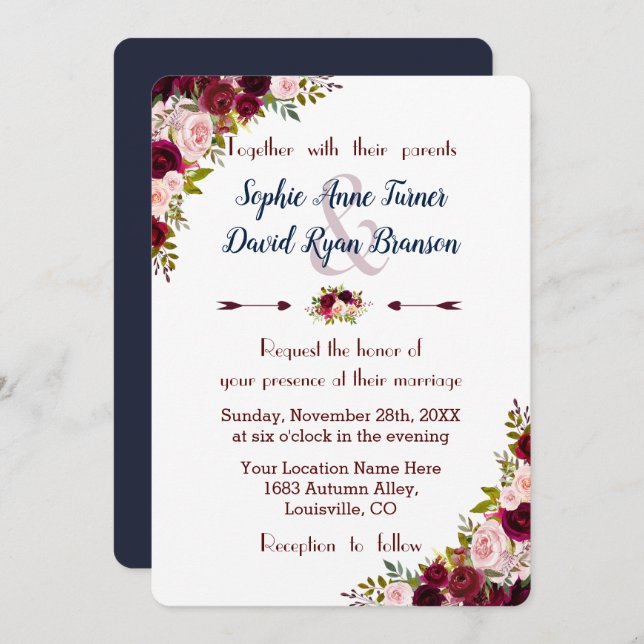 Rustic Marsala Floral Navy Blue Wedding Invite (Front/Back)