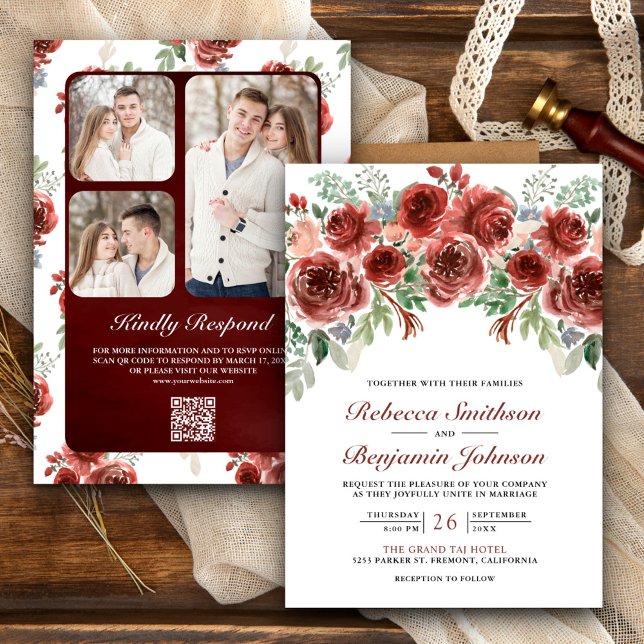 Rustic Marsala Floral Photo QR Code Wedding Invitation (Creator Uploaded)
