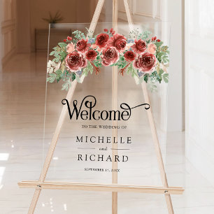 Rustic Marsala Floral Wedding Welcome Acrylic Sign