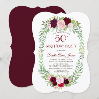 Rustic Marsala Floral Wreath 50th Birthday Invitation