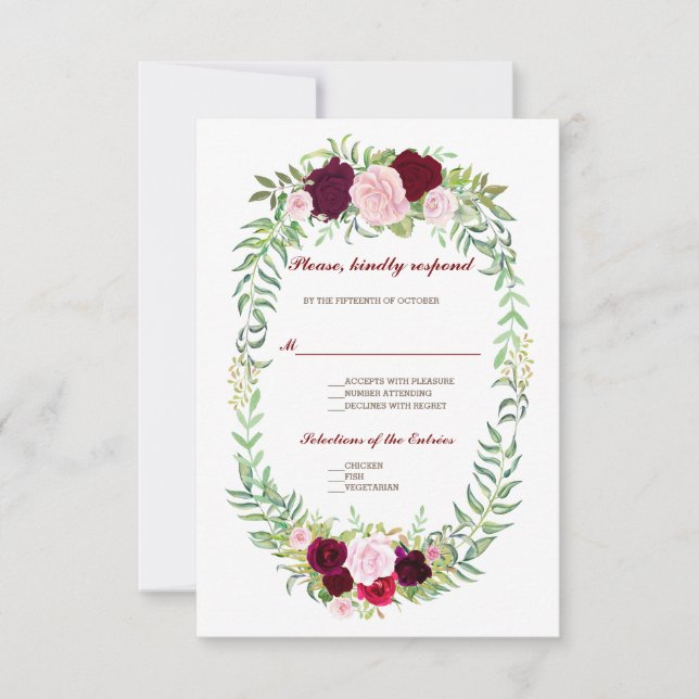Rustic Marsala Floral Wreath Burgundy Wedding RSVP Card (Front)