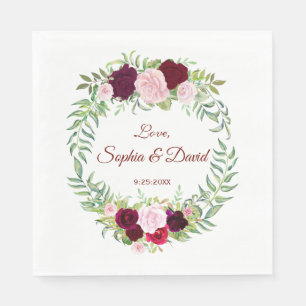 Rustic Marsala Floral Wreath Burgundy Wedding RSVP Napkin
