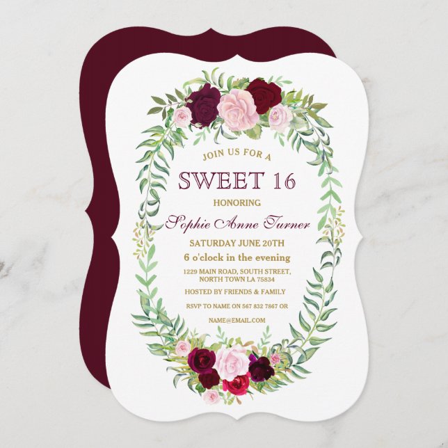 Rustic Marsala Floral Wreath Sweet 16 Invite (Front/Back)