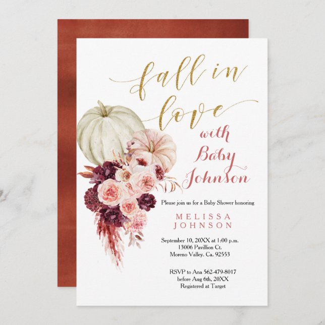 Rustic Marsala Pumpkin Fall in Love Baby Shower Invitation (Front/Back)
