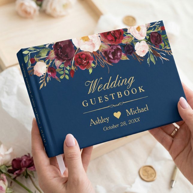 Rustic Marsala Red Floral Navy Blue Wedding Guest Book (Creator Uploaded)