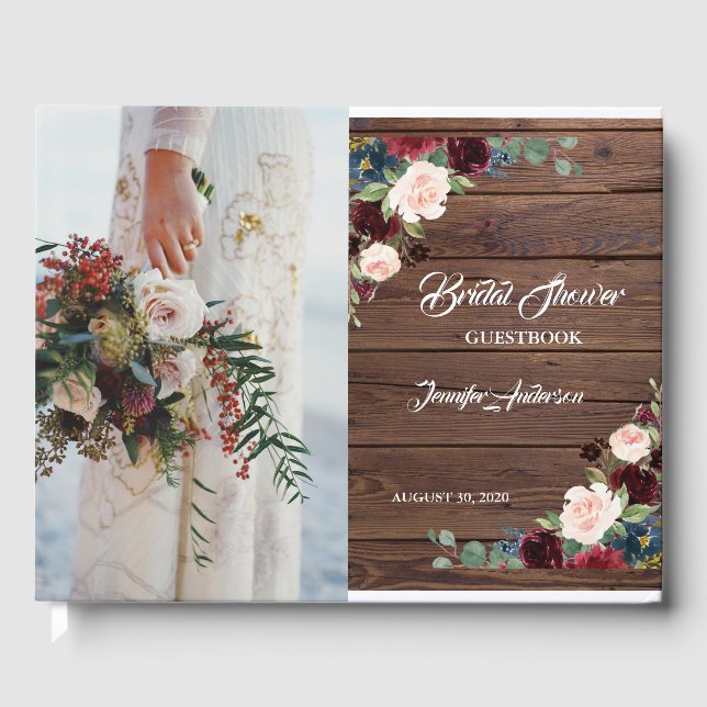 Rustic Marsala  Wood Floral Bridal Shower Guest Book (Front)