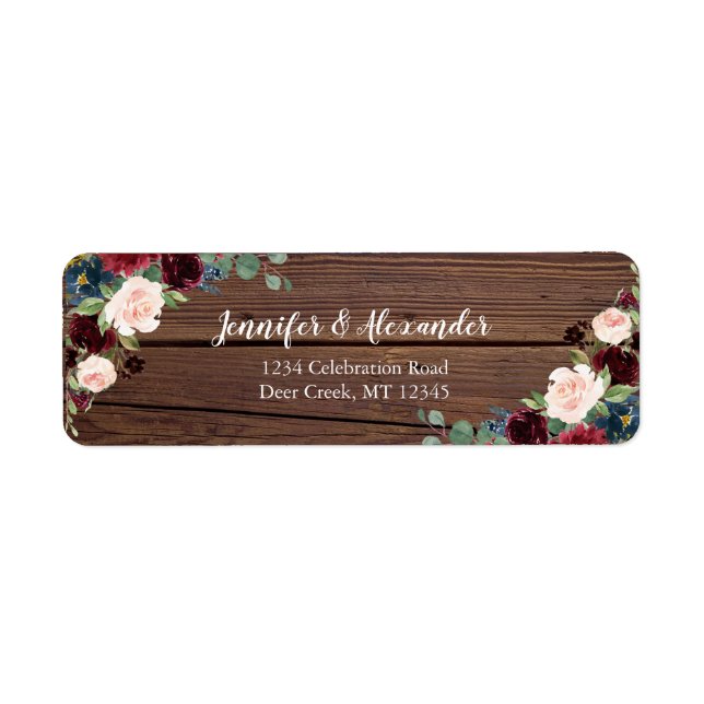 Rustic Marsala  Wood Floral Wedding Address Label (Front)