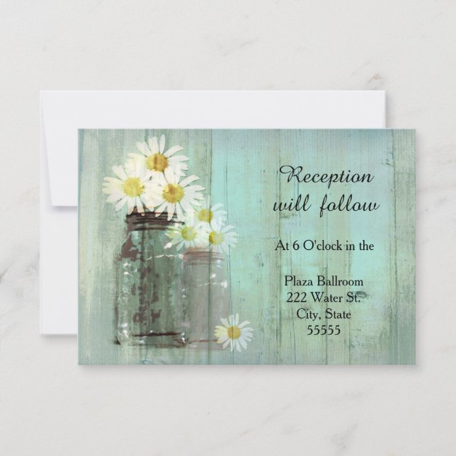 Rustic Mason Jar And Daisy Wedding Reception Card (Front)