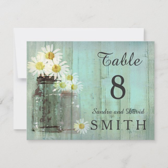 Rustic Mason Jar And Daisy Wedding Table Cards (Front)