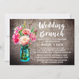 Rustic Mason Jar and Flower Bouquet Wedding Brunch Invitation