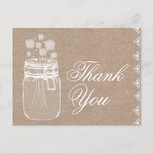 Rustic Mason Jar and Flowers Thank You Burlap A02 Postcard (Front)
