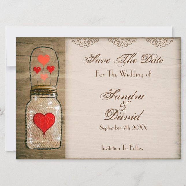 Rustic Mason Jar and Hearts Save The Date (Front)