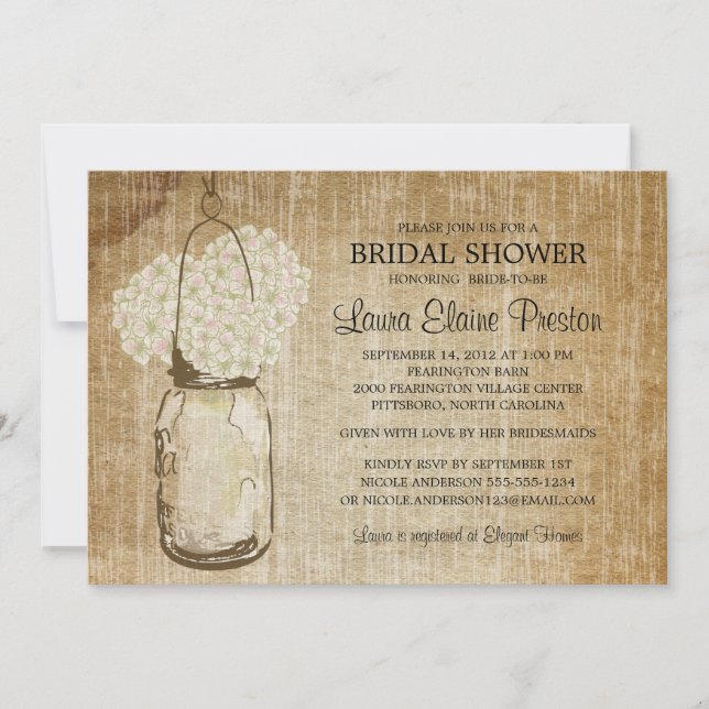 Rustic Mason Jar and Hydrangeas Invitation (Front)