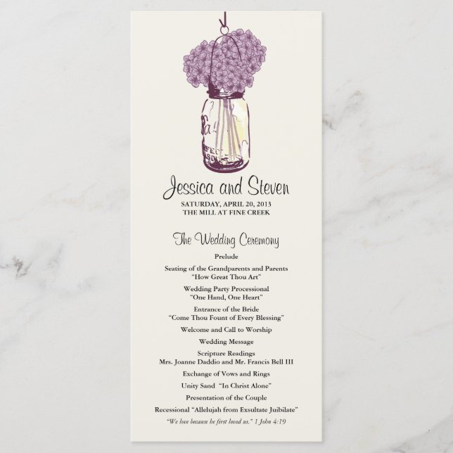 Rustic Mason Jar and Hydrangeas Program Programme (Front)