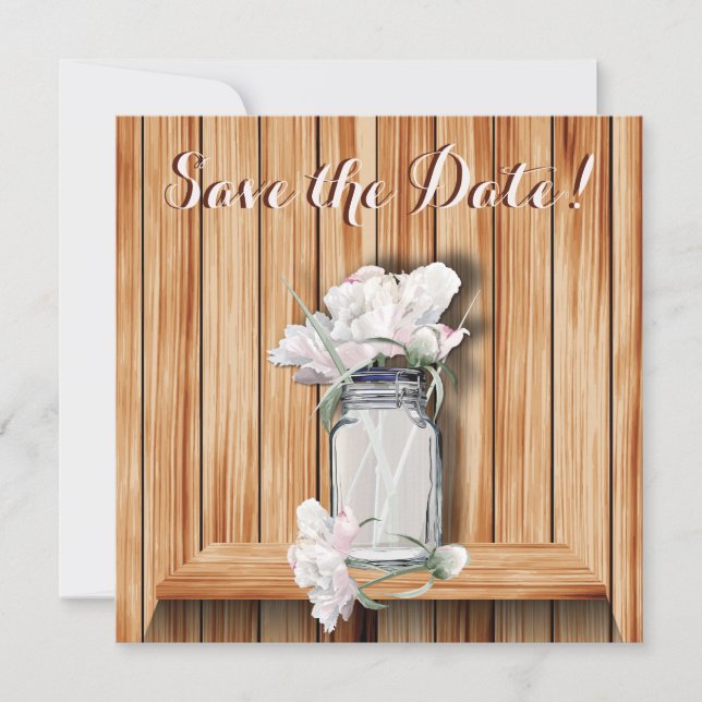 Rustic Mason Jar and Pink Peonies Save The Date (Front)