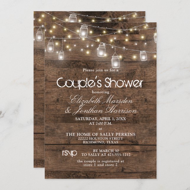 Rustic Mason Jar and String Lights Couple's Shower Invitation (Front/Back)