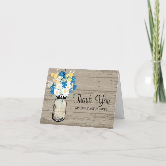 Rustic Mason Jar and Wildflowers Thank You Card (Front)