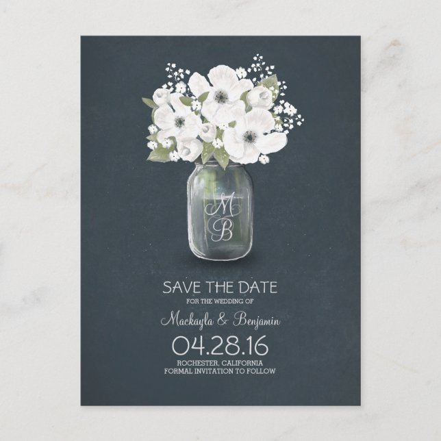 rustic mason jar baby's breath save the date announcement postcard (Front)