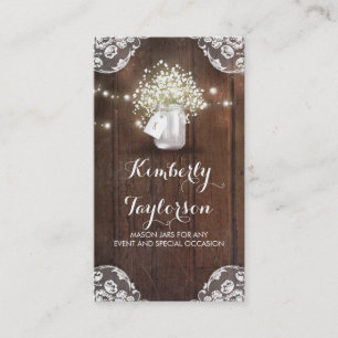 Rustic Mason Jar Baby's Breath String Lights Lace Business Card