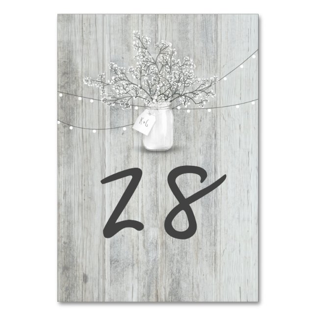 Rustic Mason Jar Baby's Breath String Lights Wood Table Number (Front)
