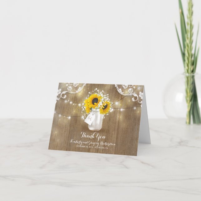 Rustic Mason Jar Baby's Breath Sunflower Thank You Card (Front)