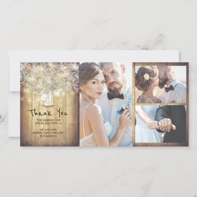 Rustic Mason Jar Baby's Breath Wedding Thank You (Front)