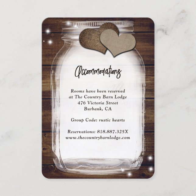 Rustic Mason Jar Barn Wood Accommodation Cards (Front)