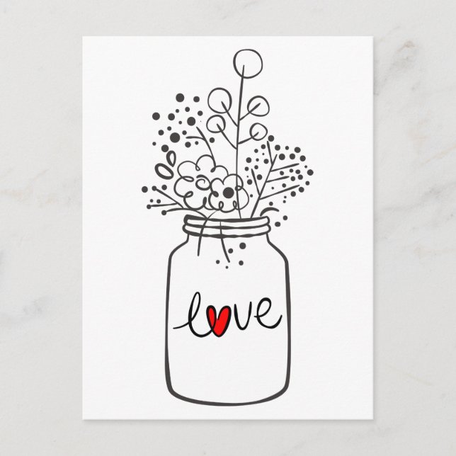 Rustic Mason Jar Black and White Love Flowers Postcard (Front)