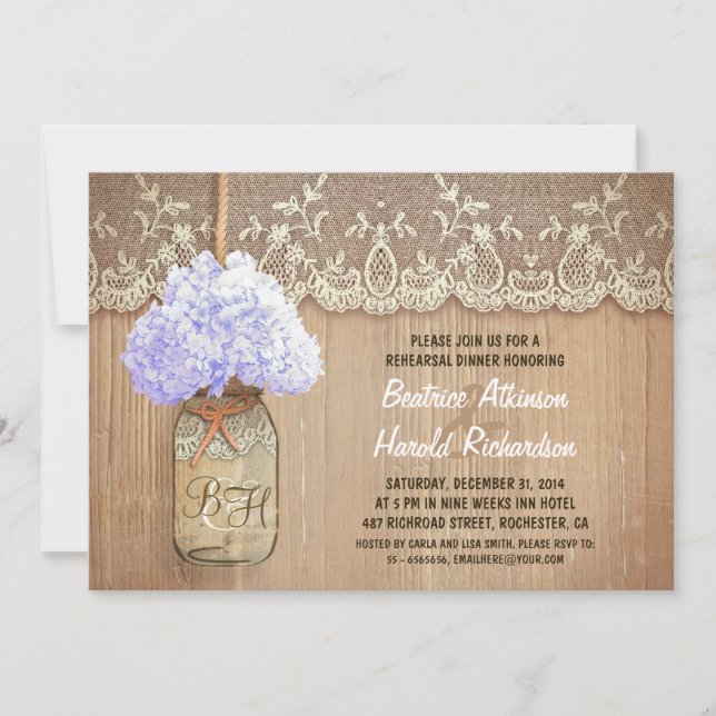rustic mason jar blue hydrangea rehearsal dinner invitation (Front)