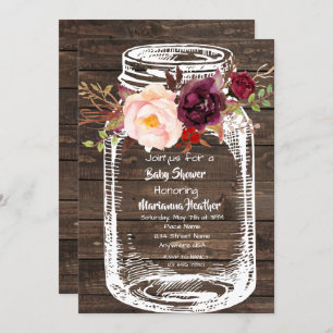 Rustic Mason Jar Boho Floral Marsala Baby Shower I Invitation