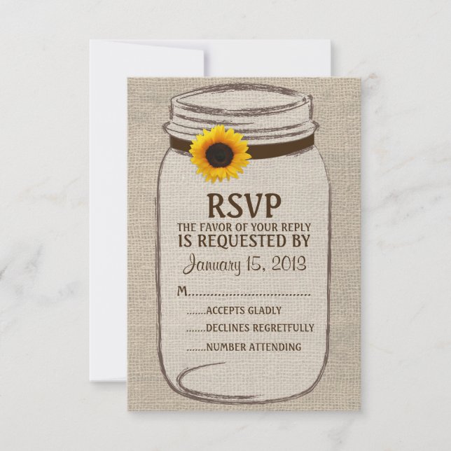 Rustic Mason Jar & Burlap and Sunflower RSVP Card (Front)