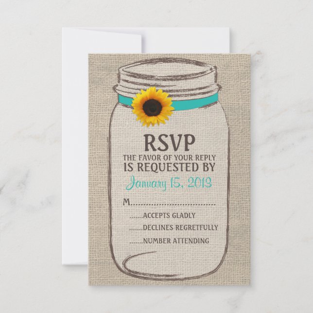 Rustic Mason Jar & Burlap and Sunflower RSVP Card (Front)