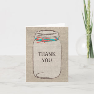 Rustic Mason Jar & Burlap Coral Teal Thank You Card