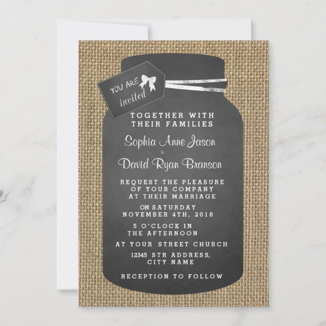 Rustic Mason Jar Burlap Wedding Invitations (Front)