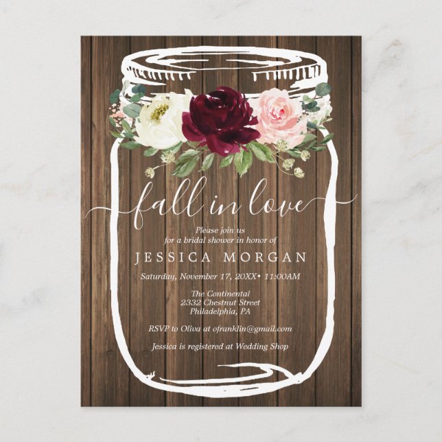Rustic Mason Jar Fall In Love Bridal Shower Invite Postcard (Front)
