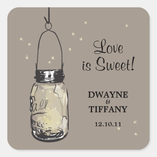 Rustic Mason Jar & Fireflies Square Sticker (Front)