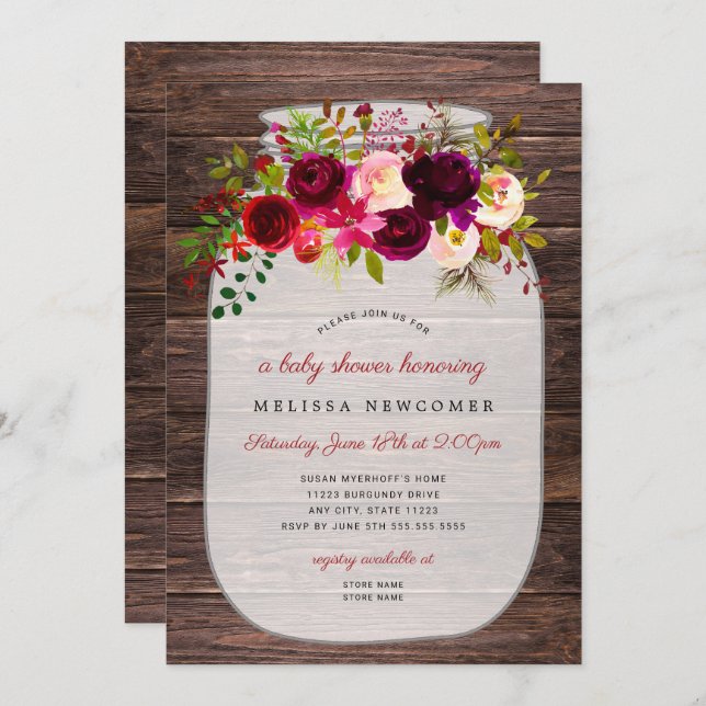 Rustic Mason jar floral baby shower invitations (Front/Back)