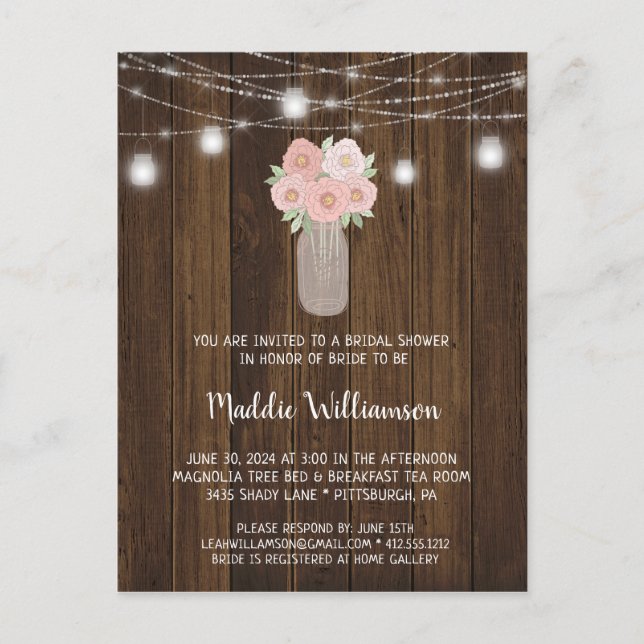 Rustic Mason Jar  Floral Lights Bridal Shower  Postcard (Front)