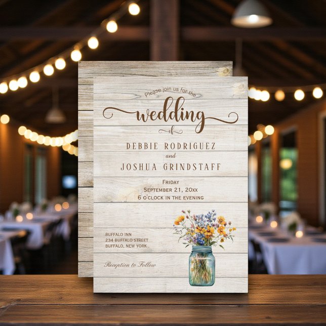 Rustic Mason Jar Floral on Wood Wedding Invitation (Creator Uploaded)
