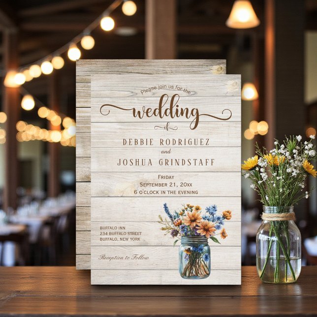 Rustic Mason Jar Floral on Wood Wedding Invitation (Creator Uploaded)